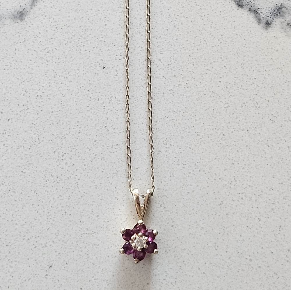 Vintage Dainty 14k 585 Gold Necklace Pink Ruby Diamond Flower Pendant 18" - Picture 2 of 8